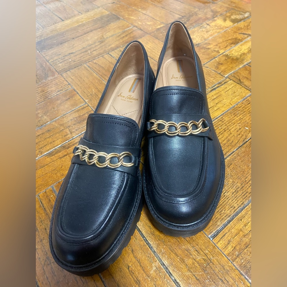 Sam Edelman Black Loafers with Gold Chain